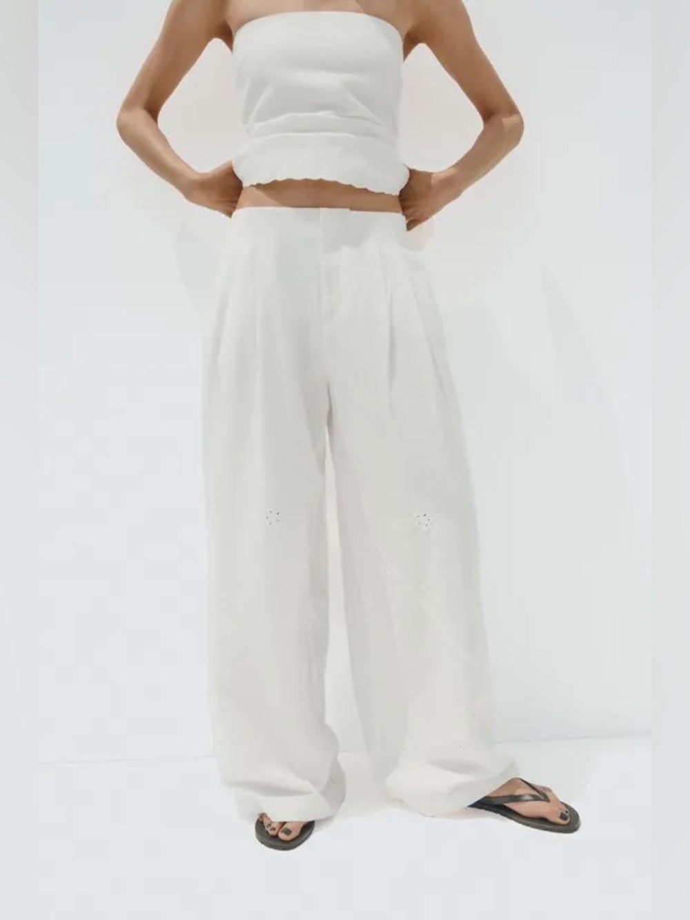 ZARA Cotton Linen White Wide Leg Eyelet Embroidered Trousers. White. NWT XS
